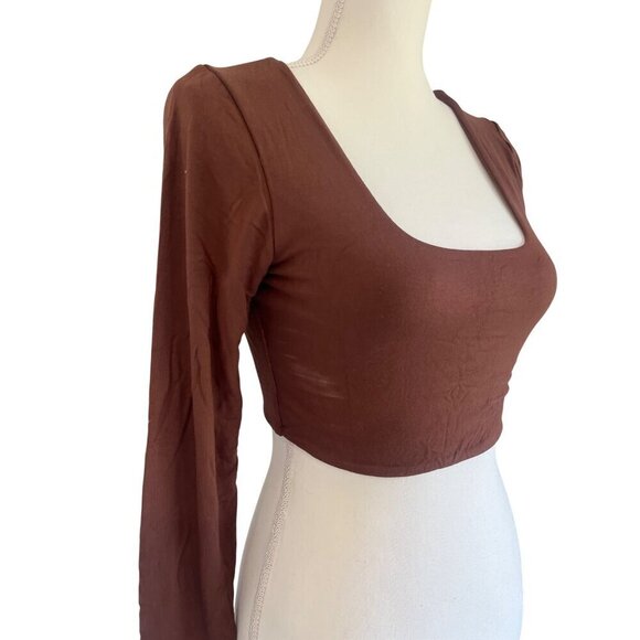 RE ONA Square Neck Crop Top in Chocolate Large New Womens Long Sleeve Blouse - Picture 5 of 8